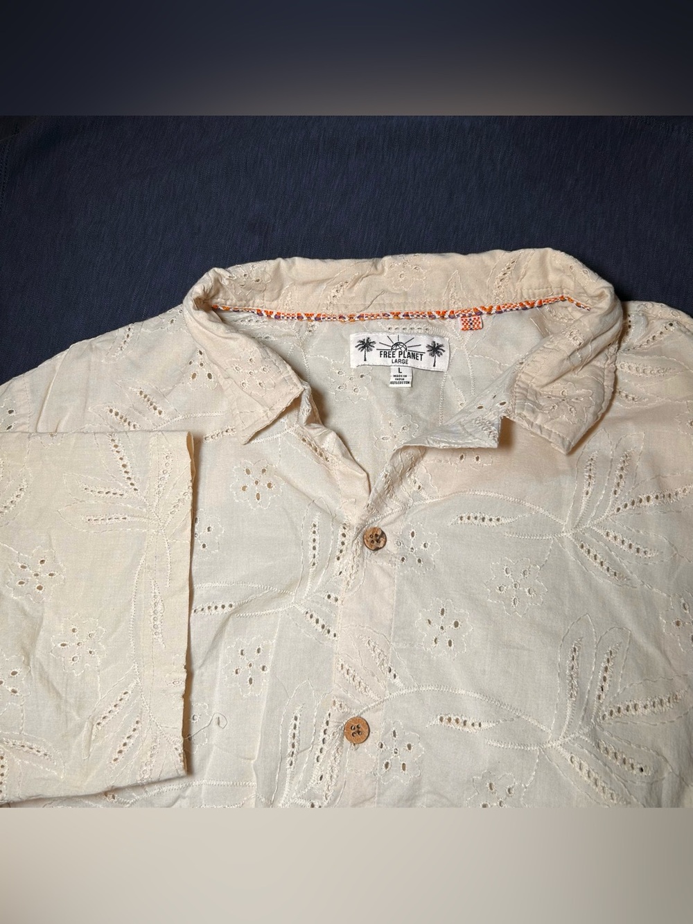 Free Planet Cotton Eyelet Embroidered Button Up Shirt Men’s L Beige Beach Floral